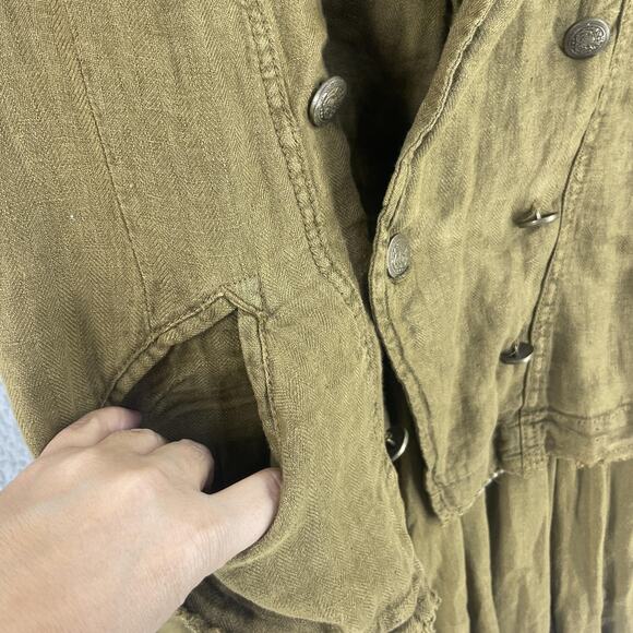 Free People Jacket Womens XS Brown Linen Ruffle Hem Double Breasted Boho Blazer - Picture 13 of 16